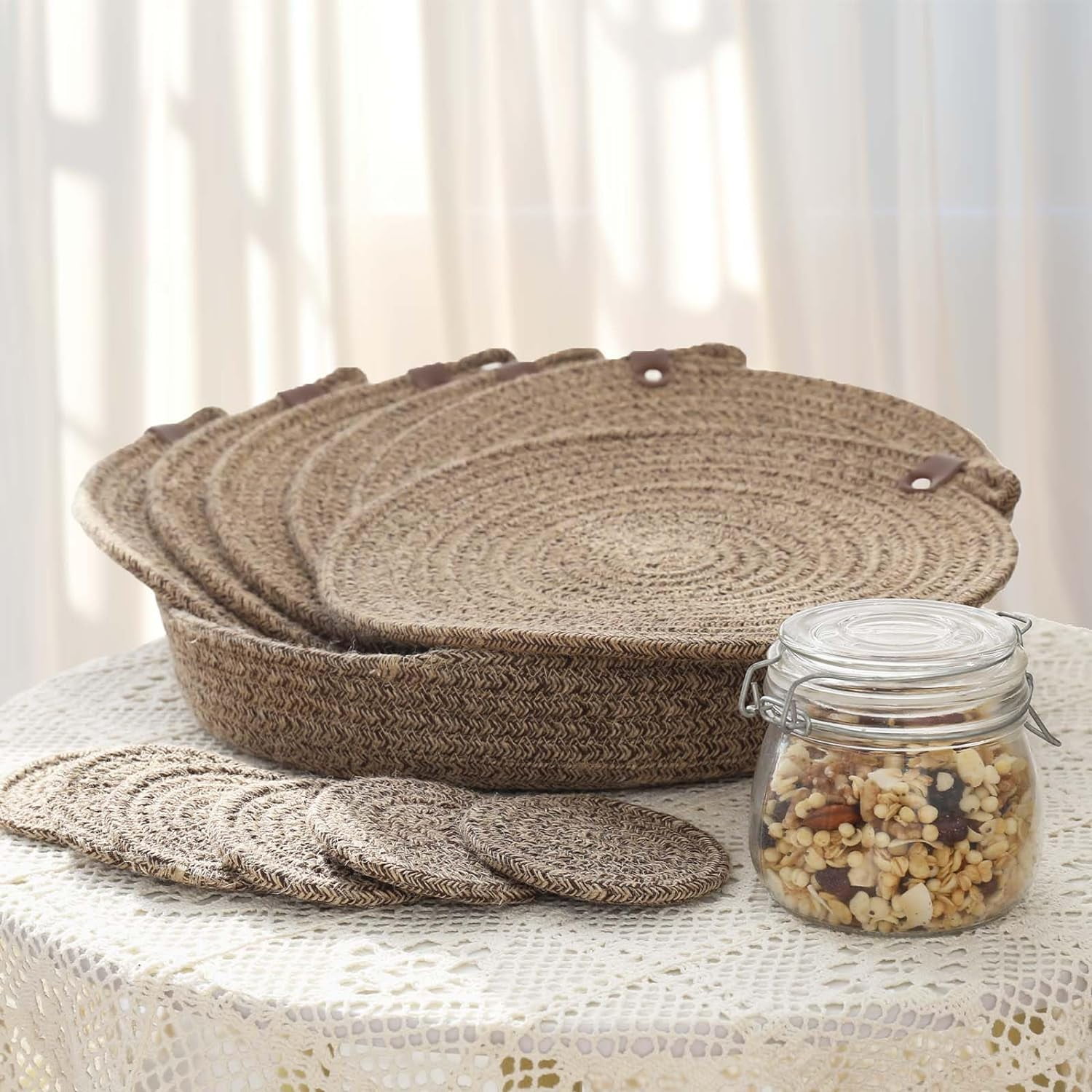 EcoFriendly Round Woven Placemats Set of 6 Cotton Jute Heat Resistant & Easy to Clean