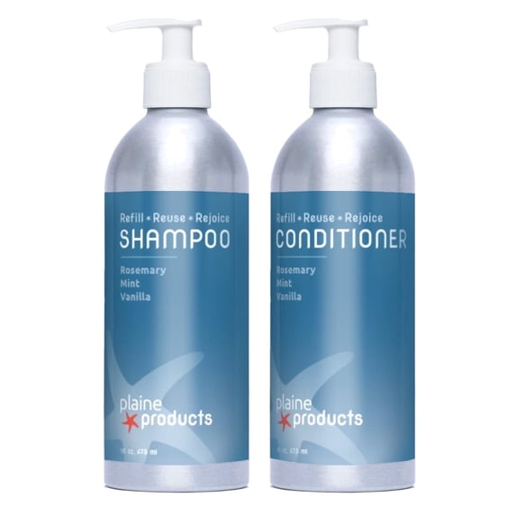 Plaine Products Plastic-Free Shampoo and Conditioner - Rosemary, Mint, Vanilla - Sulfate Free, 16 oz (Refillable Bottles with Pumps)