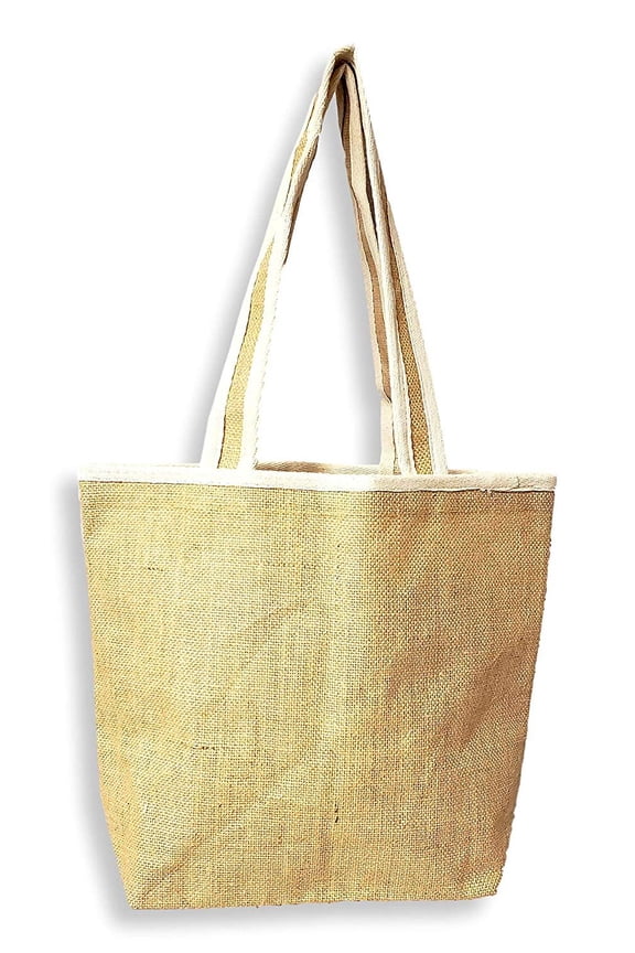 Eco Friendly Small Natural Burlap Tote Bag with Cotton Trim 15 x 12 x 6 Natural w/White Trim