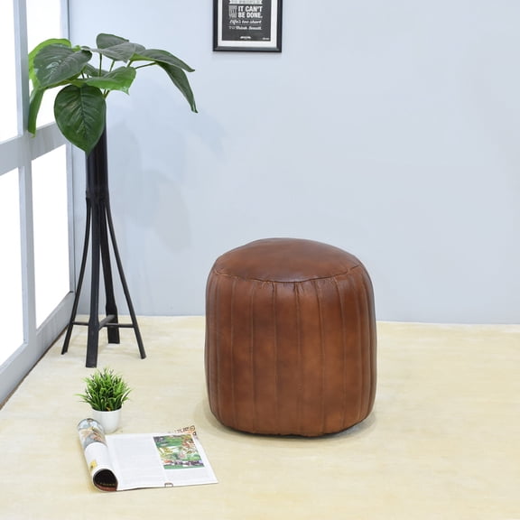 Eco-Friendly Solid Handmade Round Pouf 14"x14"x14" Brown Color WABBBACPF08