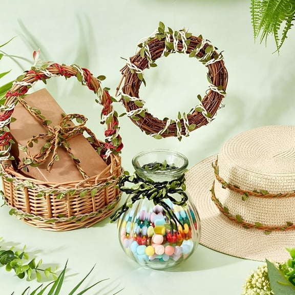 Eco-Friendly Wax Cord & Fabric Green Leaf Design Twine for DIY Crafts, Gardening Decor, Artistic Projects, Home, Wedding & Party Decorate (Khaki)