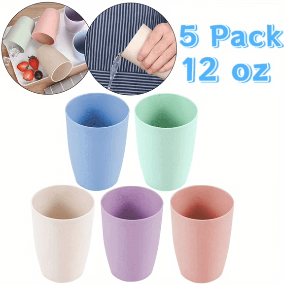 Eco-Friendly Wheat Straw Drinking Cups 5-Pack, Unbreakable 12 oz Reusable Glasses - Microwave & Dishwasher Safe Tumblers for Camping, Picnics and Daily Use