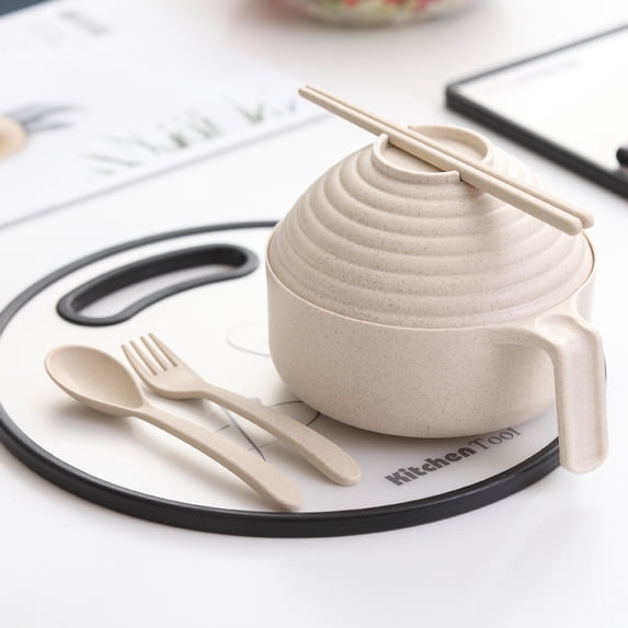 Eco-Friendly Wheat Straw Instant Noodles Bowl with Lid Handle Dinnerware Set Soup Salad Rice Bowl Microwaveable Japanese Bowls (Beige)