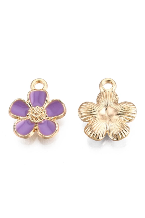 Eco-Friendly Zinc Alloy Pendants with Enamel Cadmium Free & Nickel Free & Lead Free 5- Petal Flower Light golden Lilac 16x13x3mm Hole: 1.8mm