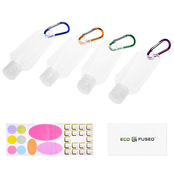 Eco-Fused 4x Portable Travel Bottles - Up to 50 ML - For Liquid Soaps, Shampoo, Lotion, Sanitizers, Rubbing Alcohol - Also Includes 4x Carabiner, 1x Sticker Label Sheet