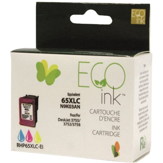 Eco Ink Ink Cartridge, Remanufactured for Hewlett Packard N9K03AN / 65XL, Color, 300 Pages, 1 Pack