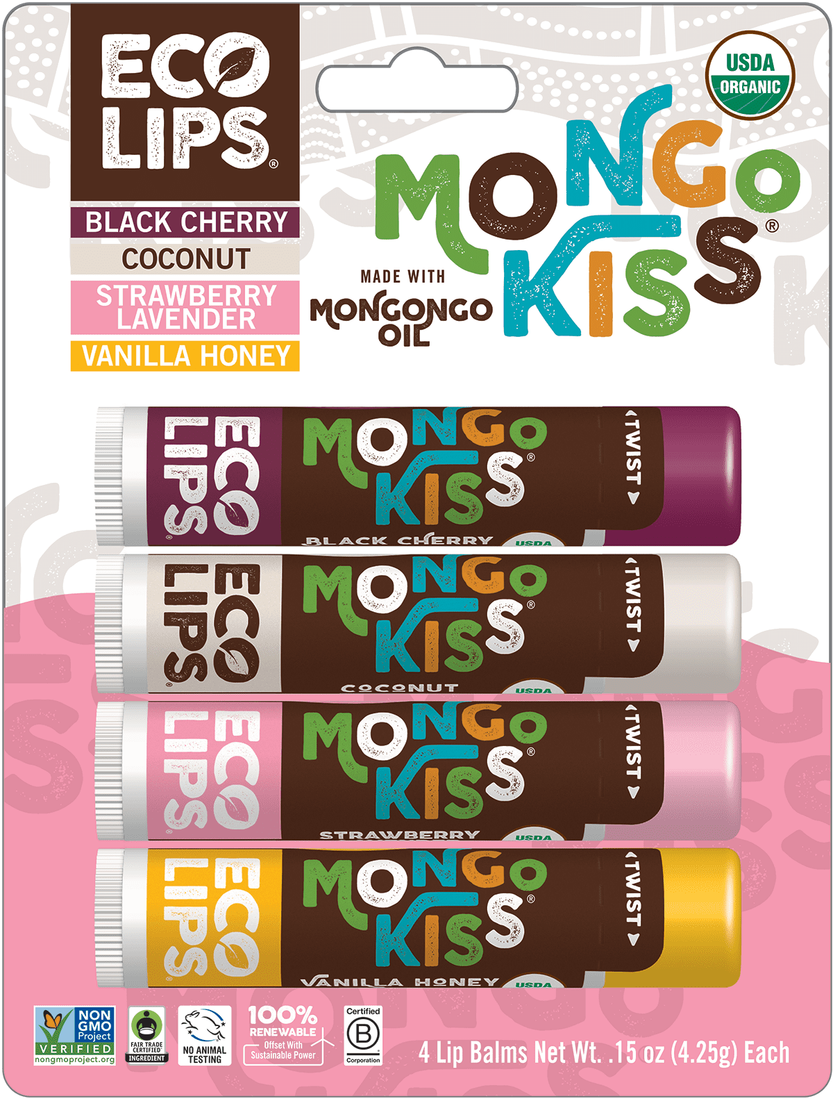 Eco Lips Organic Mongo Kiss Lip Balm 4pack Variety (0.15 oz. Each