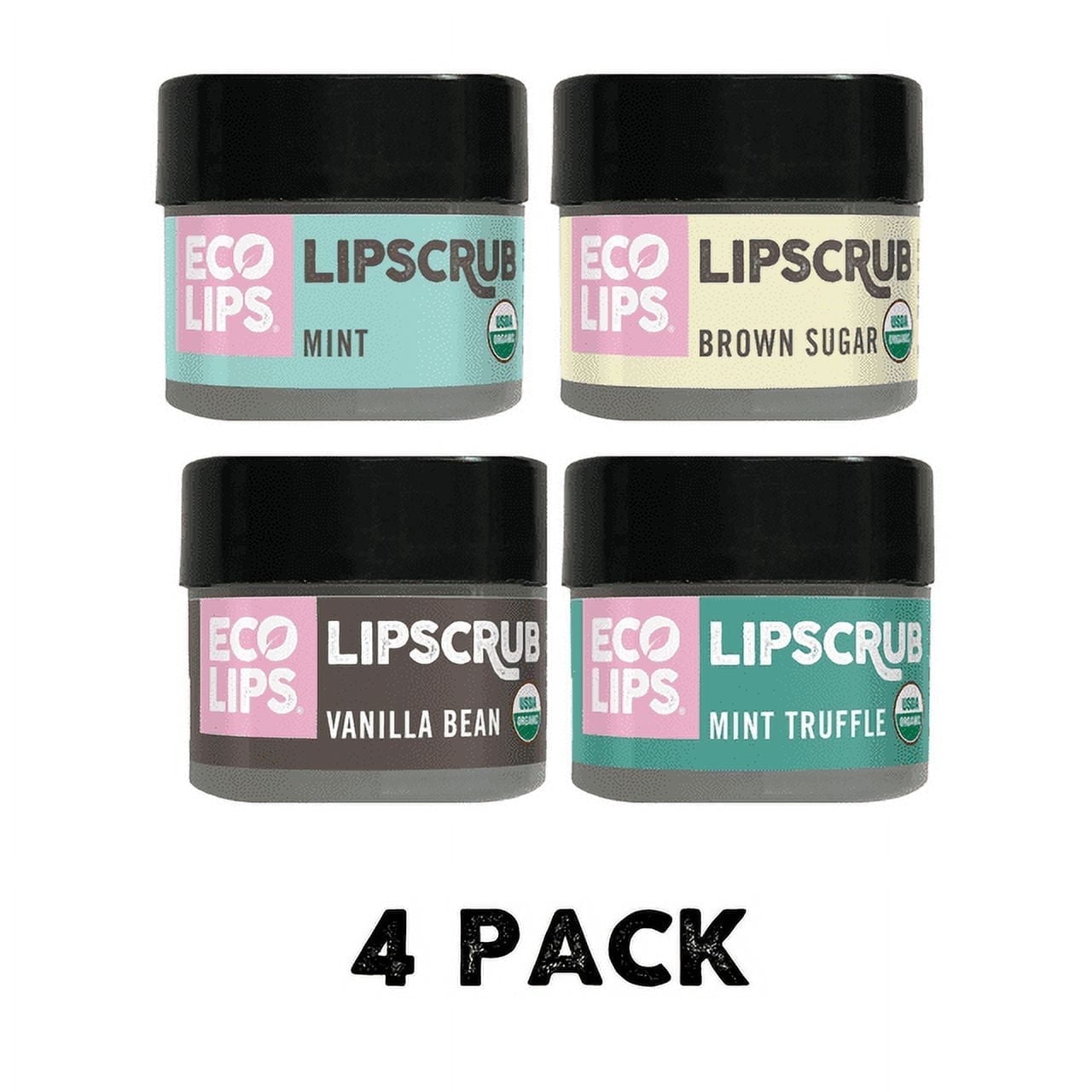 Eco Lips Organic Exfoliating Sugar Lip Scrub, Brown Sugar, Vanilla Bean, Mint, Mint Truffle 4 Pack Variety, 0.25 oz. jars