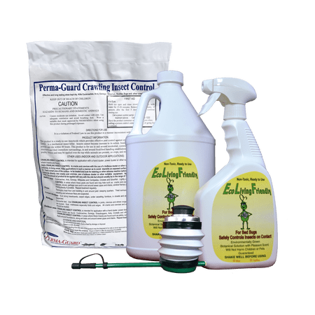 Eco Living Friendly for Bed Bugs and Perma-Guard Diatomaceous Earth Crawling Insect Control Combo / Non-Toxic, Natural Bedbug Killer / ELF 32 Oz Spray, 128 Oz Refill Bottle, 2 lb DE Bag, Duster