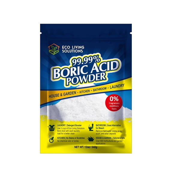Eco Living Solutions - 99.99% Boric Acid Powder | Horticultural Garden Application | Multipurpose Cleaner | Laundry Additive | Bathroom Cleaner | Commercial Strength | Lab Grade - 12 Oz
