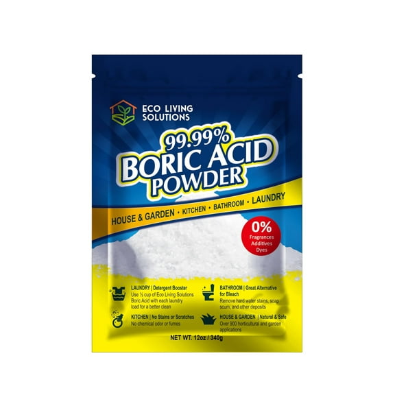 Eco Living Solutions - 99.99% Boric Acid Powder | Horticultural Garden Application | Multipurpose Cleaner | Laundry Additive | Bathroom Cleaner | Commercial Strength | Lab Grade - 12 Oz