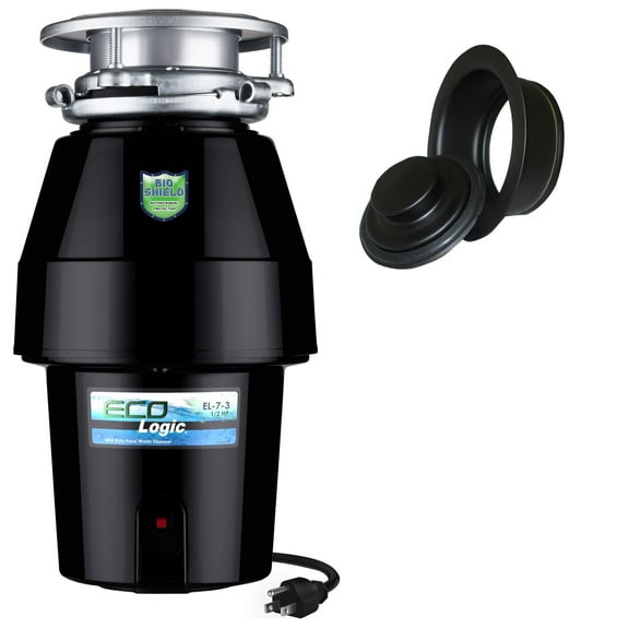Eco Logic 1/2 HP Garbage Disposal with Black Sink Flange and Stopper Kit 10-US-EL-7-DS-3B-BK