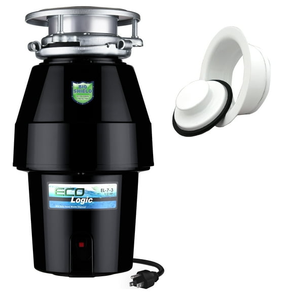 Eco Logic 1/2 HP Continuous Feed Garbage Disposal with White Sink Flange and Stopper Kit 10-US-EL-7-DS-3B-WH