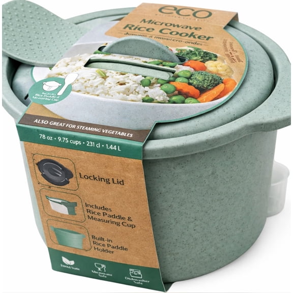 Eco Microwave Rice Cooker with Locking Lid 78 oz (9.75 Cup) Capacity BPA Free Includes Rice Paddle & Measuring Cup Sage Green