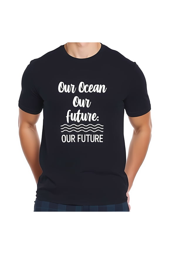 Eco- Navy Blue T-Shirt for Men - "Our Ocean Our Future" Handwritten Design with Waves - Stylish & Comfortable