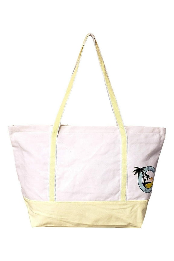 Eco Playa Del Caribe Deluxe Zipper Top Canvas Beach Boat Bag - Custom Personalization Available Natural - Yellow Trim - No Embroidery