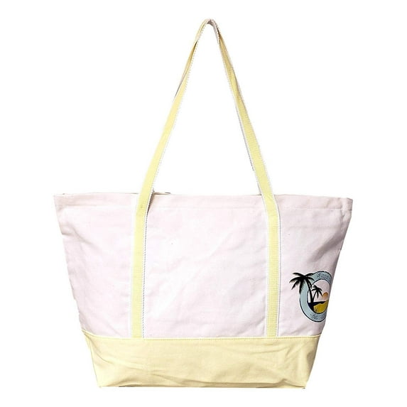 Eco Playa Del Caribe Deluxe Zipper Top Canvas Beach Boat Bag - Custom Personalization Available Natural - Yellow Trim - No Embroidery