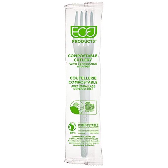 Eco Products 7" Compostable Plantware Individually Wrapped Dinner Forks / 250-ct. Pack