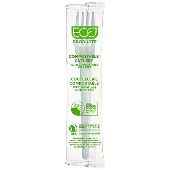 Eco Products 7" Compostable Plantware Individually Wrapped Dinner Forks / 250-ct. Pack