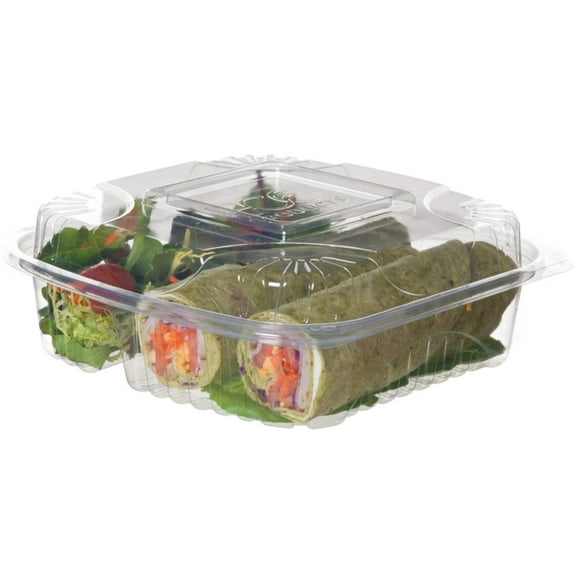 Eco-Products Clear Plastic Disposable Take Out Clamshell Container, Eco-Friendly PLA Plastic Compostable Food Container, 8" x 8" 3 Compartment, Case of 160