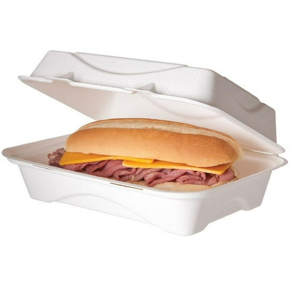 Eco-Products Compostable Disposable Clamshell Take Out Container, Eco-Friendly Sugarcane Food Container, 9" x 6", Case of 250