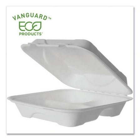 Eco-Products EP-HC93NFA Vanguard 9 in. x 9 in. x 3 in. 3-Compartment Renewable and Compostable Sugarcane Clamshells - White (200/Carton)