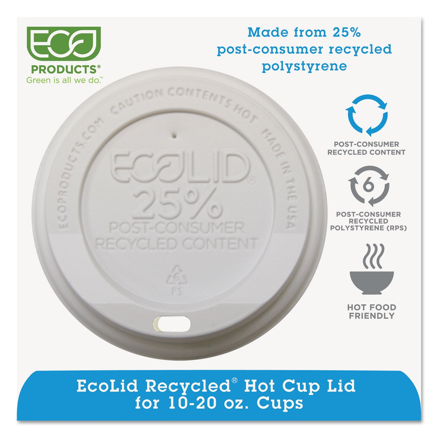 Ecolid 25% Recyycled Content Hot Cup Lid, White, Fits 10 Oz To 20 Oz Cups, 100/pack, 10 Packs/carton