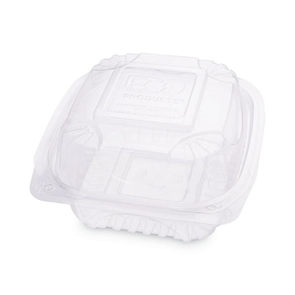 Eco-Products® Renewable and Compostable Clear Clamshell Hinged Food Containers, 6 x 6 x 3, Plastic, 80/Pack, 3 Packs/Carton