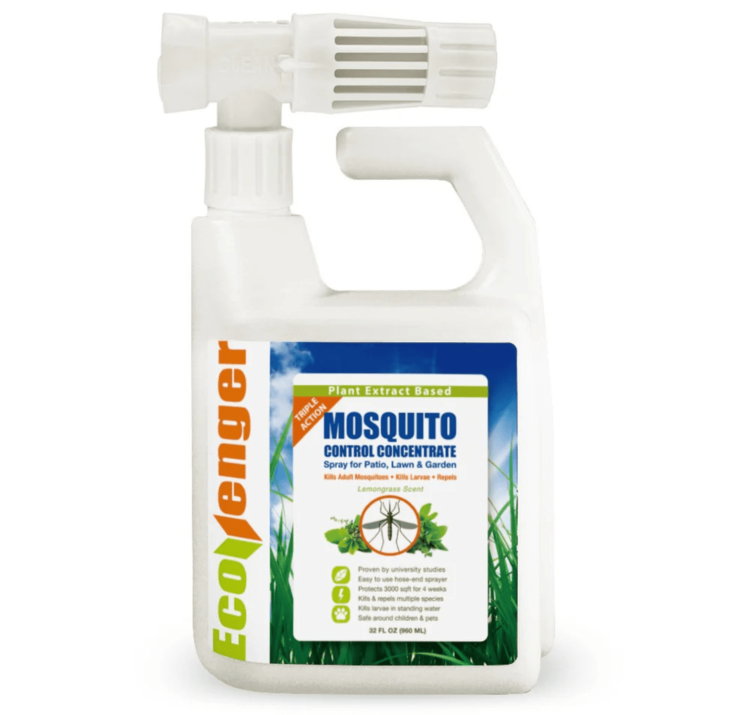 EcoVenger Mosquito Control Triple Action Hose end Spray 32OZ Kills All Stages Larvae Control Lasting Repellency Citrus Scent Non Toxic Child Pet Safe Walmart