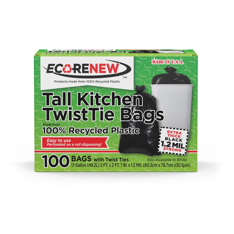 Eco Renew Tall Kitchen Trash Bags with Twist Ties, Extra Thick, 13 Gallon,  Black, 100 Count 