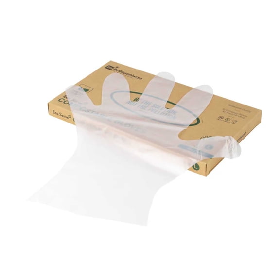 Eco Serve Clear Plastic Large Compostable Gloves - Powder-Free - 11 1/2" x 10 1/4" - 100 count box