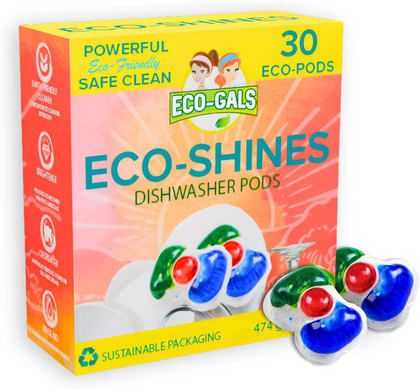 Eco-Shines Dishwasher Detergent Pods With 3 in 1 Power of Liquid, Powder, and Gel for Brighter Cleaner Dishes