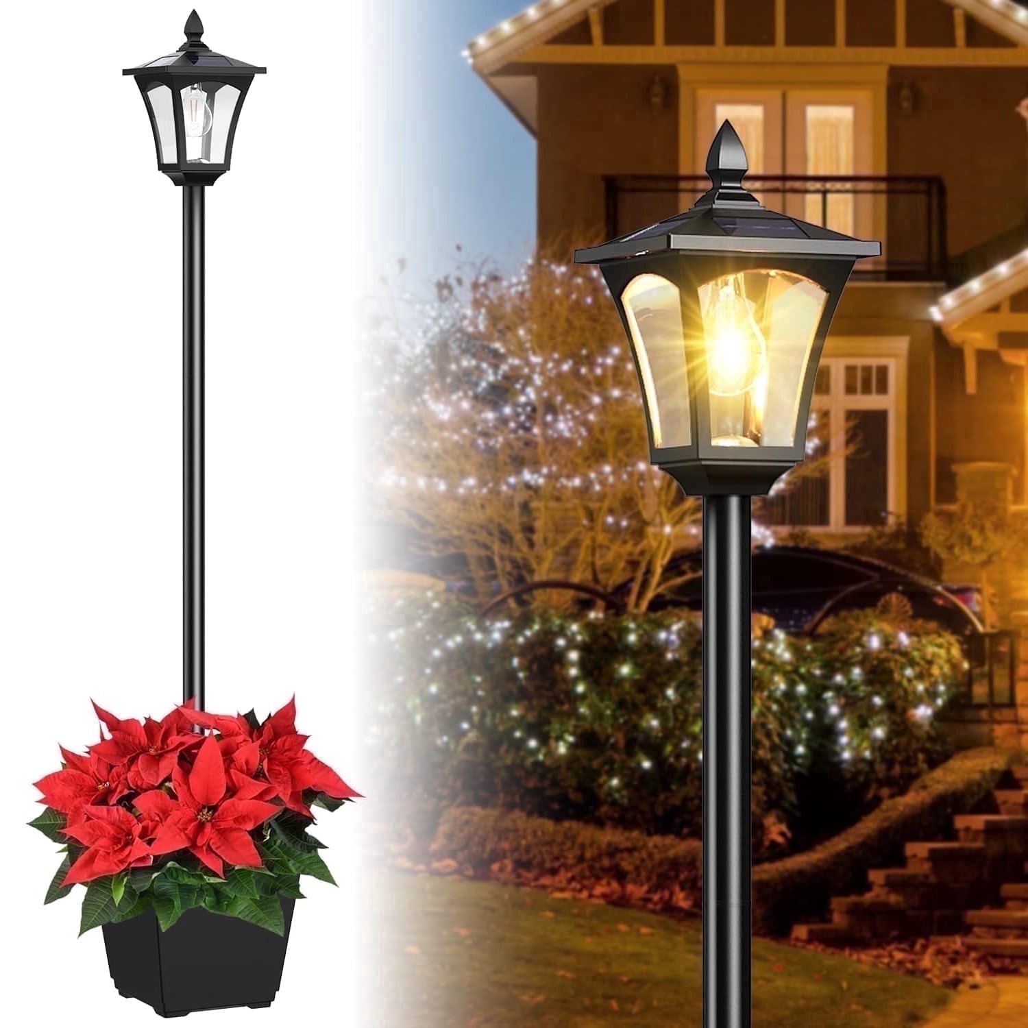 HOODINK Solar Lamp Post with Planter, IP 44 Waterproof Solar Garden Lights, 2000mah LED Planters Pots Outdoor for Pathway
