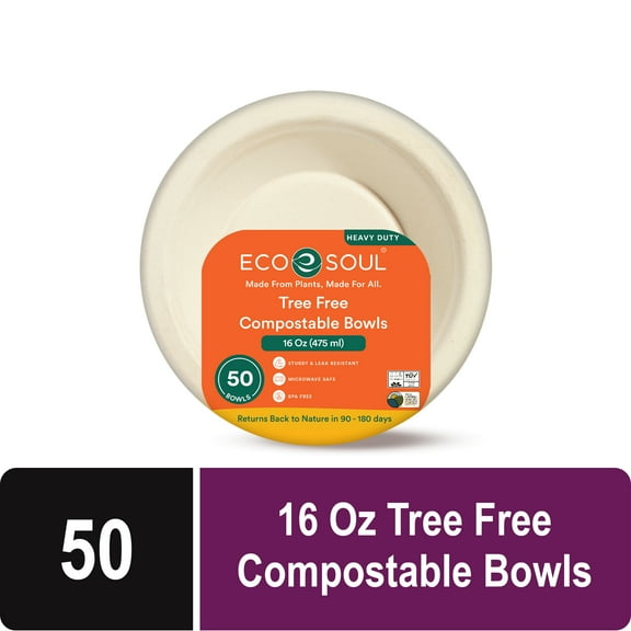 Eco Soul Round Bowls, 16 Oz Disposable Paper Bowls, Beige, 50 Count, 1 Pack