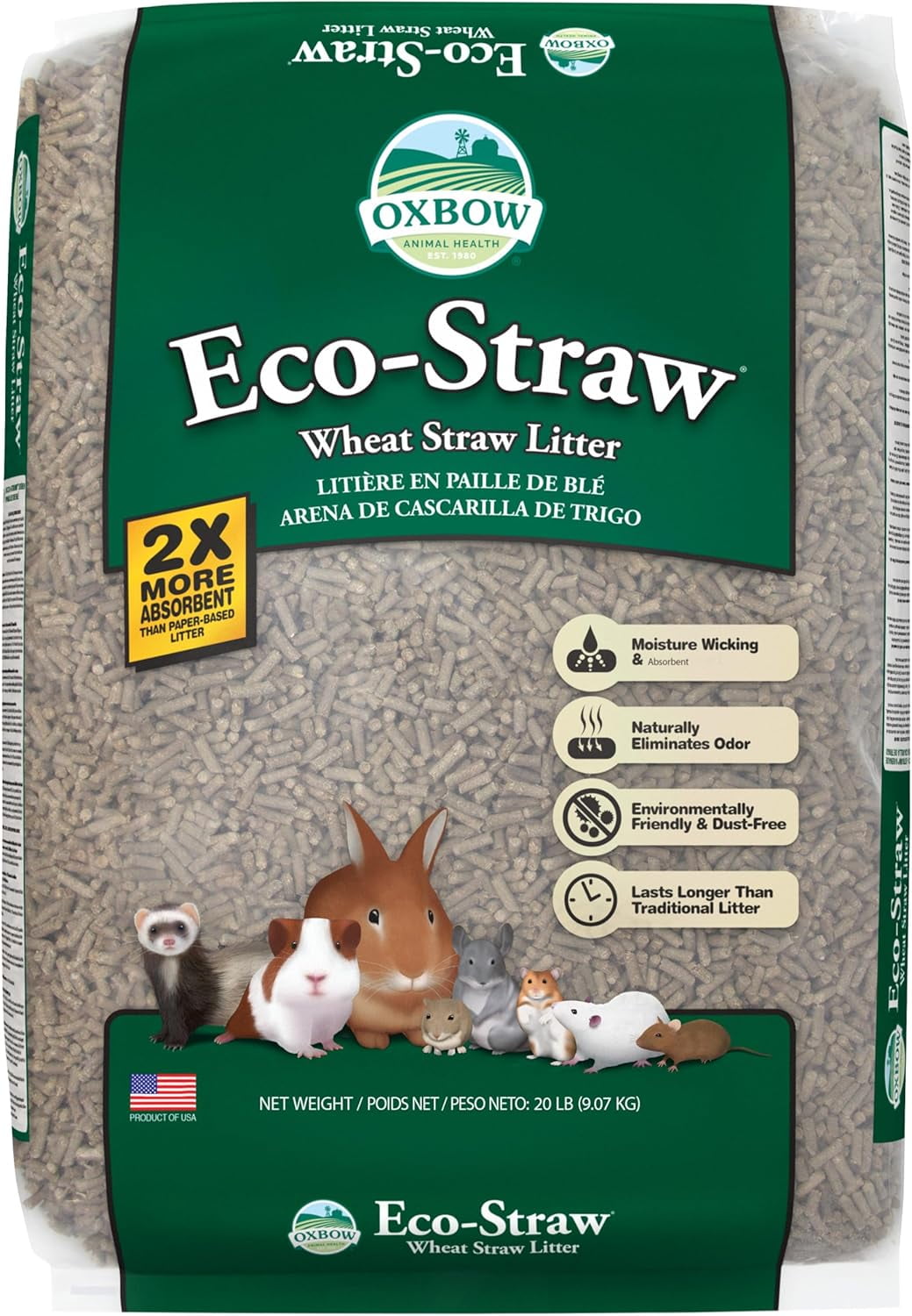 Eco Straw Wheat Straw Litter for Small Animals, Dust Free, Rabbit, Guinea Pig, Ferret, & Cat Litter, Animal Health, Moisture Wicking Pellets for Guinea Pig, Made in USA, 20 lb. Bag