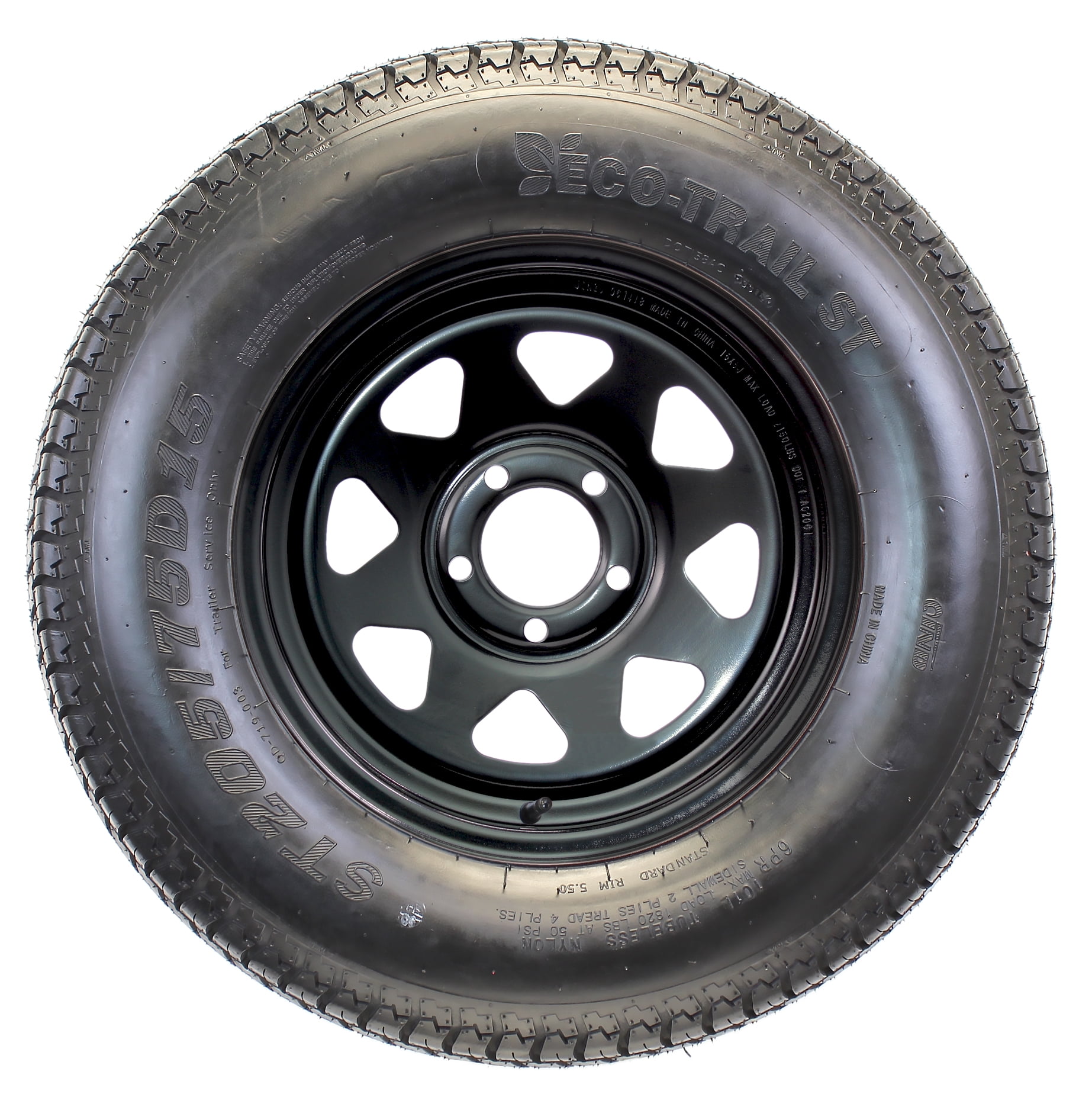 Eco Trailer Tire On Rim ST205/75D15 15 in. Load C 5 Lug Black Spoke