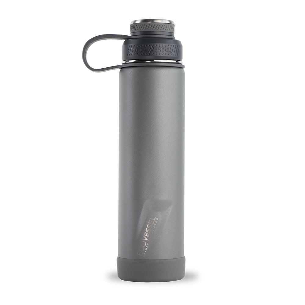 EcoVessel Perk Trimax Vacuum Insulated Stainless Steel Travel Bottle for Coffee & Tea with Push Button Locking Top - 16oz (Slate Gray)