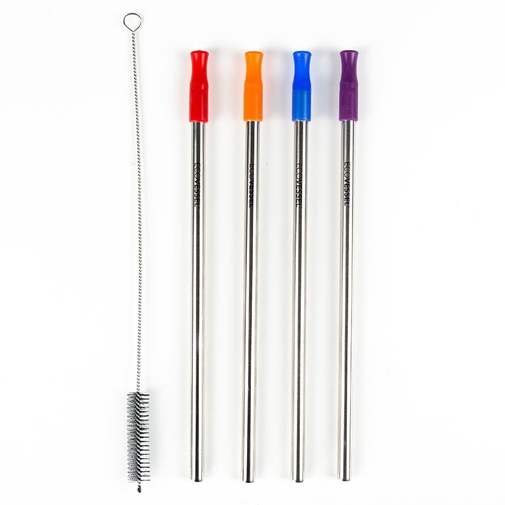 Ecovessel Multi Color Stainless Steel 4 Pack Reusable Metal Straws & Cleaning Brush