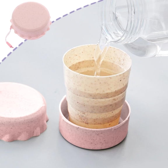 Eco Wheat Straw Collapsible Cup, 130ml Telescopic Travel Mug with Lanyard, Portable Folding Water Cup for Hiking & Office,Pink