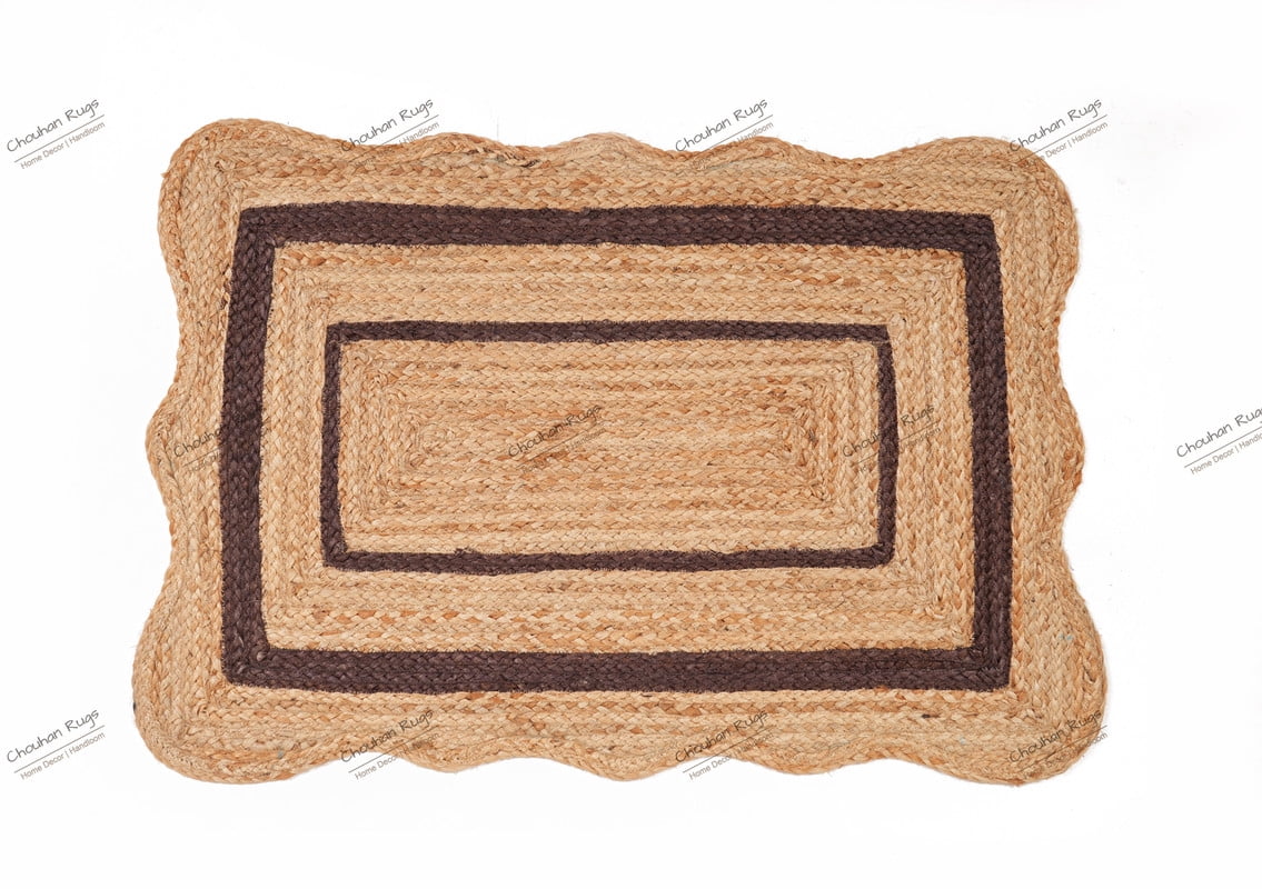 Eco friendly Area Rug Natural Jute Hand Braided Brown Color Scalloped Pattern Rectangle Rug