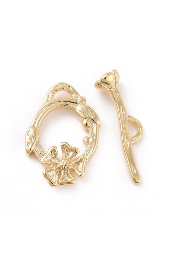 Eco-friendly Brass Toggle Clasps Cadmium Free & Lead Free Long-Lasting Plated Ring with Flower Real 24K golden Plated Ring: 17x12x2.5mm Bar: 5x18x4mm Hole: 3x1mm Brass