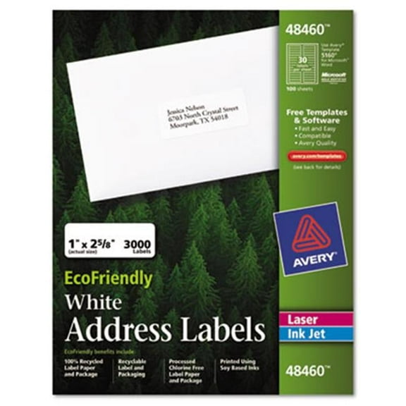 Eco-friendly Labels 1 x 2 5/8 White 3000 Pack - White - 1 x 2-5/8