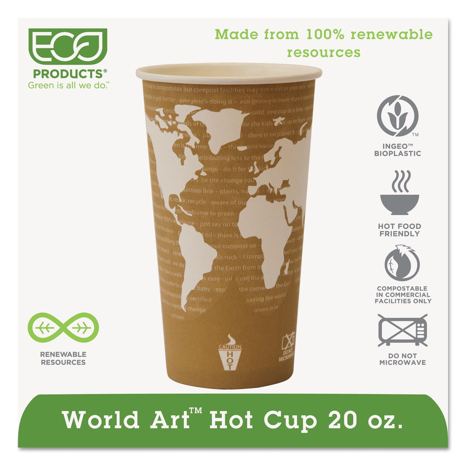 Eco-products® World Art Renewable Compostable Hot Cups, 20 Oz., 50/pk, 20 Pk/ct