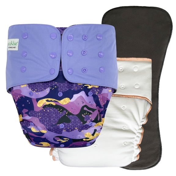 EcoAble Adult Nighttime Diaper Set - Incontinence Protective Briefs with Fitted and Insert (Large, Purple Camo)