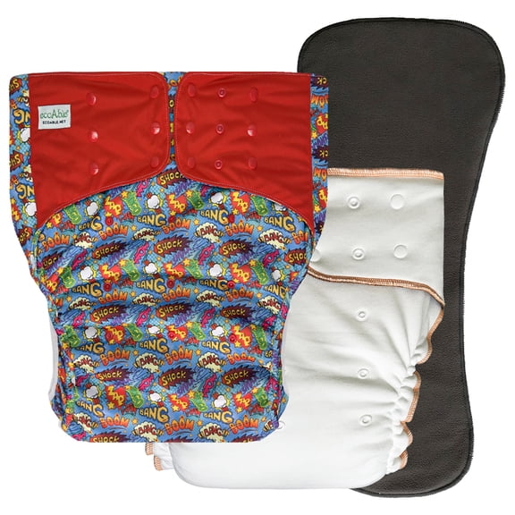 EcoAble Adult Nighttime Diaper Set - Incontinence Protective Briefs with Fitted and Insert (Medium, Bang Boom Comic)