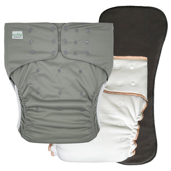 EcoAble Adult Nighttime Diaper Set - Incontinence Protective Briefs with Fitted and Insert (Medium, Grey)