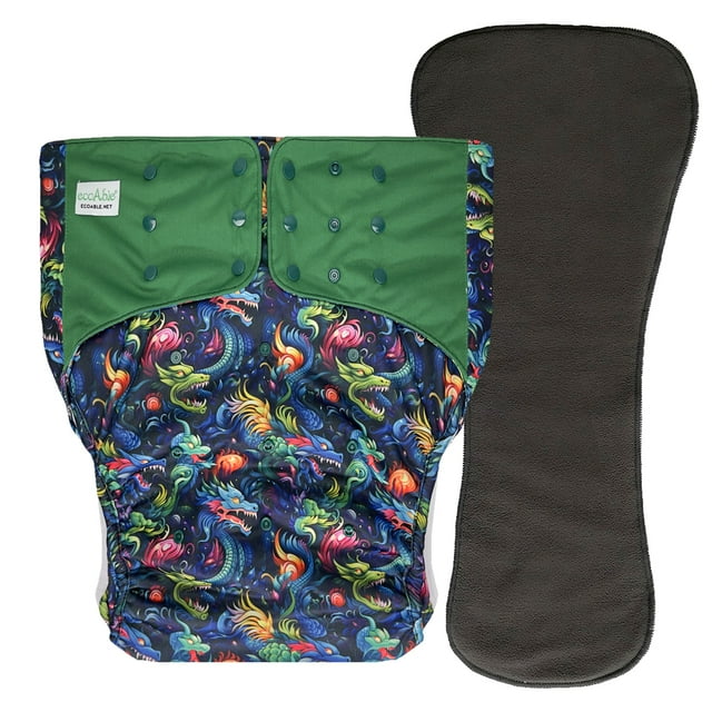 EcoAble Adult Pocket Cloth Diaper 2.0: Incontinence Protection Briefs with Insert (Small, Dragon)