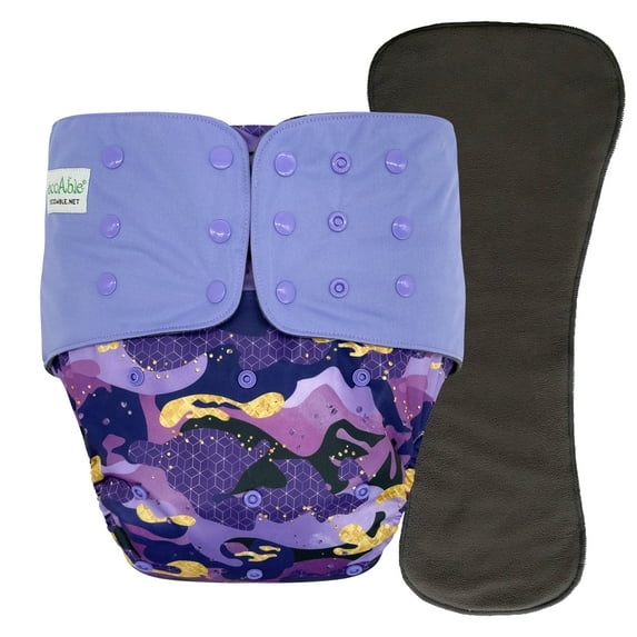 EcoAble Adult Pocket Cloth Diaper 2.0: Incontinence Protection Briefs with Insert (Small, Purple Camo)