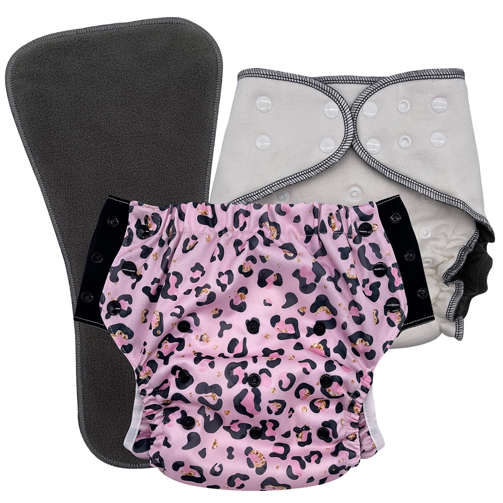 Reusable Cloth Incontinence Diaper for Kids 6–16, Overnight Absorbency, EcoAble, Junior 2, Leopard