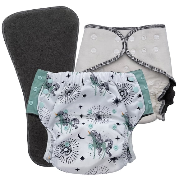 EcoAble Special Needs Kids' Incontinence Nighttime Diaper Set, Ages 6-16 (Unicorns, Junior 1)